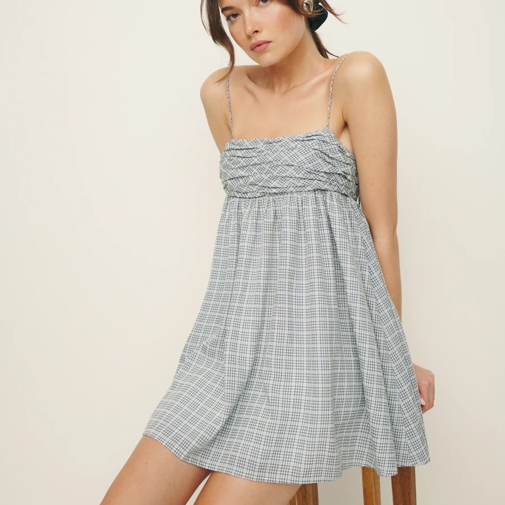 NWT Reformation Catarina Babydoll Empire Waist Sun Dress in Vintage Blue Check
